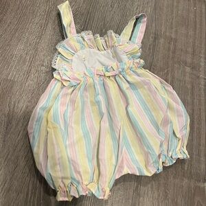 Vintage Cradle Togs  Baby Stripe Multi Color Lace Ruffle Romper One Piece 9 M